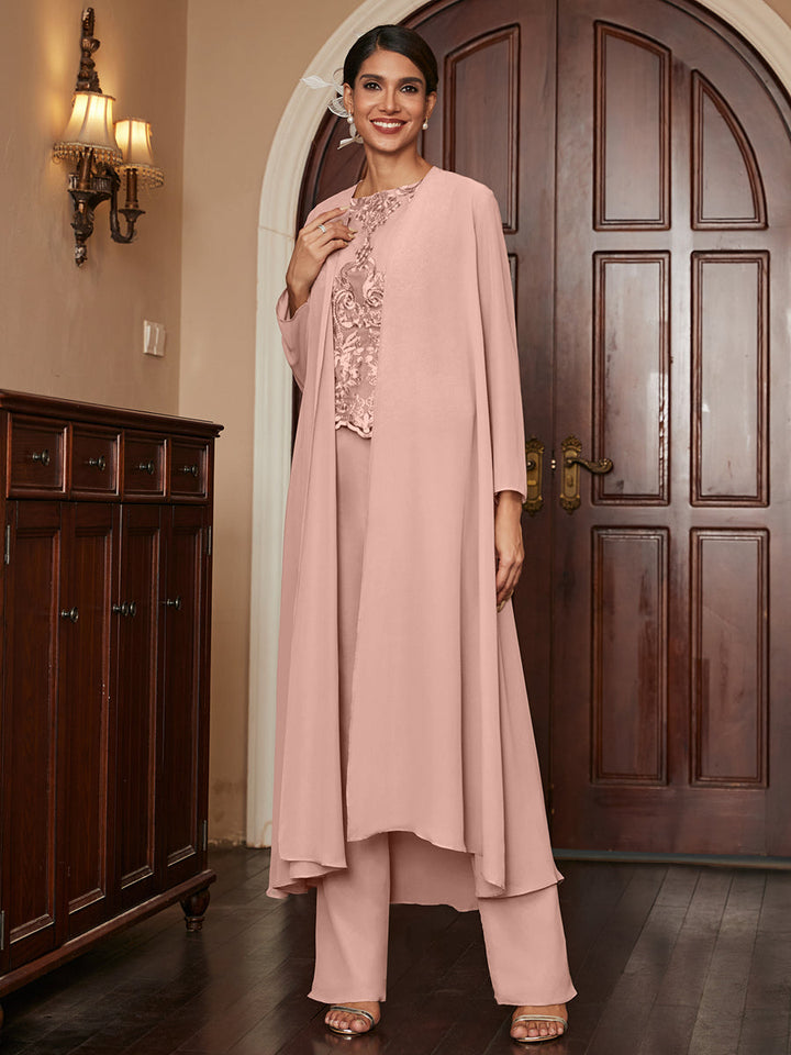 Chiffon Scoop Long Sleeves 3 Pieces Pantsuits with Appliques &amp; Jacket