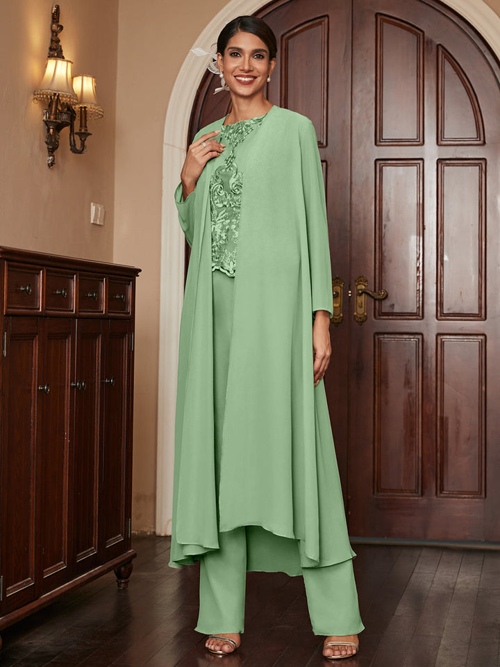 Chiffon Scoop Long Sleeves 3 Pieces Pantsuits with Appliques &amp; Jacket