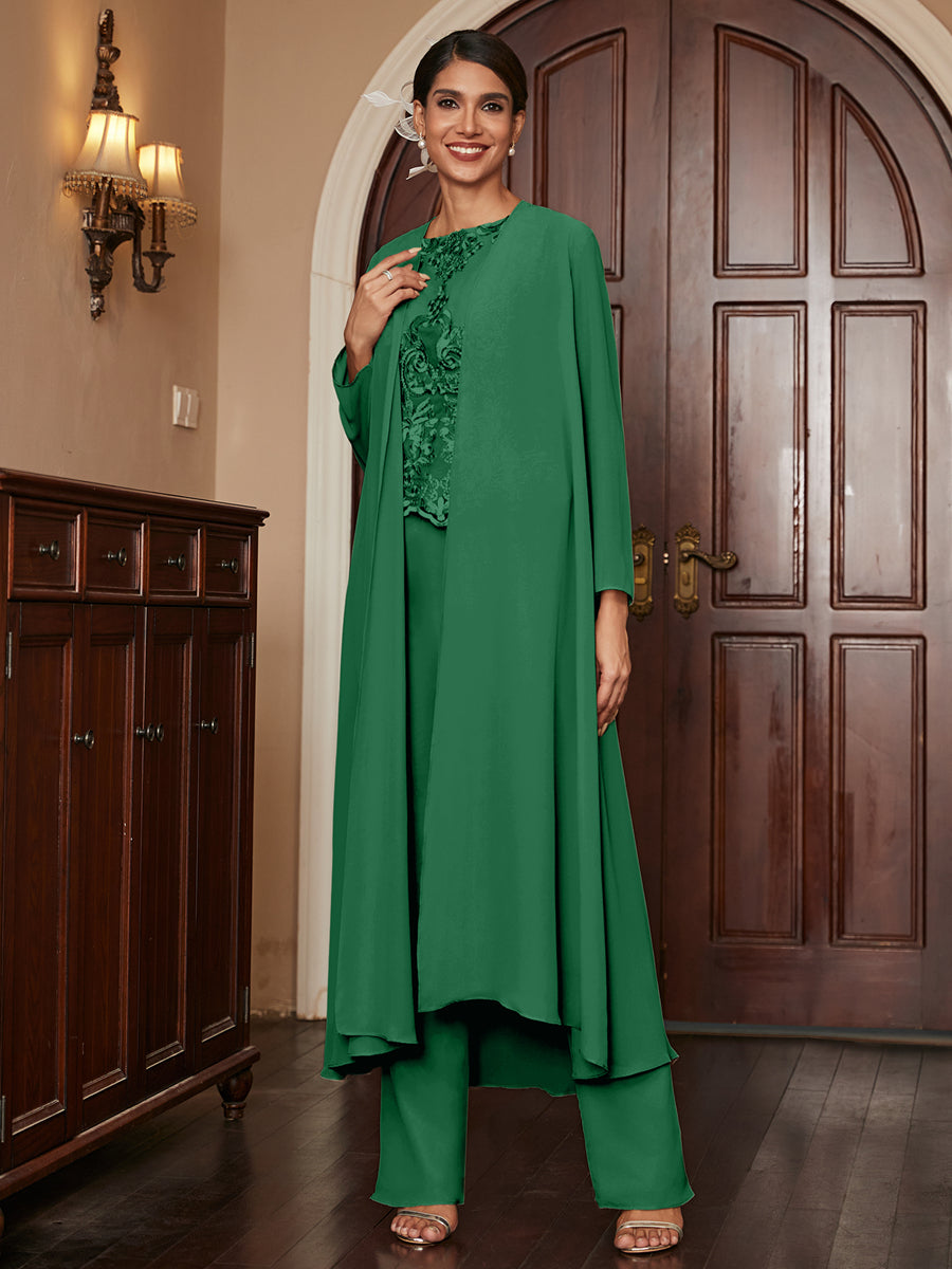 Chiffon Scoop Long Sleeves 3 Pieces Pantsuits with Appliques &amp; Jacket