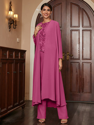 Chiffon Scoop Long Sleeves 3 Pieces Pantsuits with Appliques & Jacket