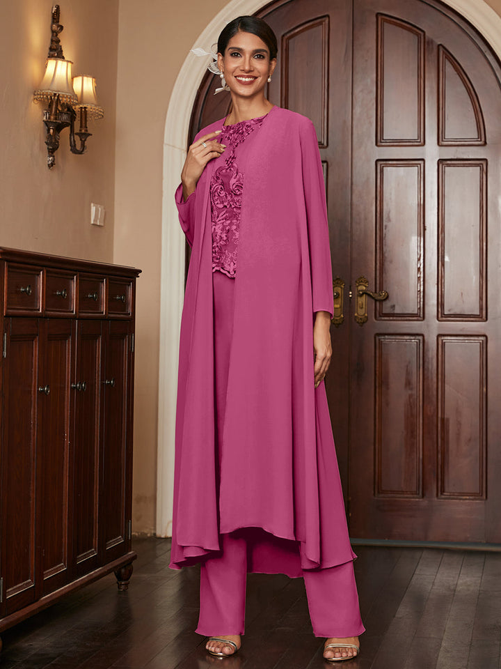 Chiffon Scoop Long Sleeves 3 Pieces Pantsuits with Appliques &amp; Jacket