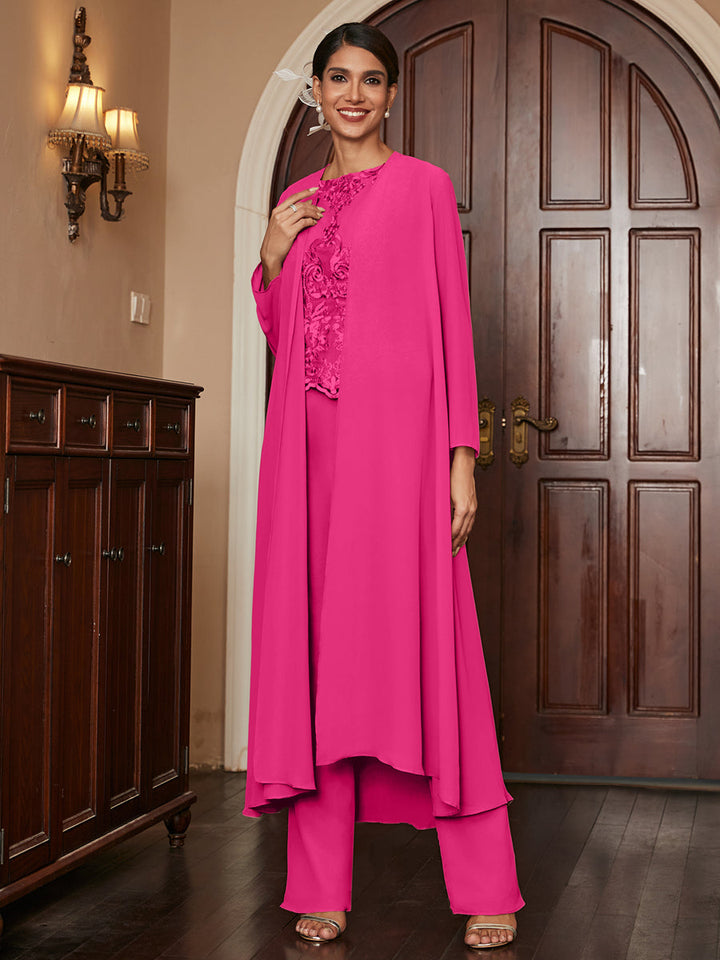 Chiffon Scoop Long Sleeves 3 Pieces Pantsuits with Appliques &amp; Jacket