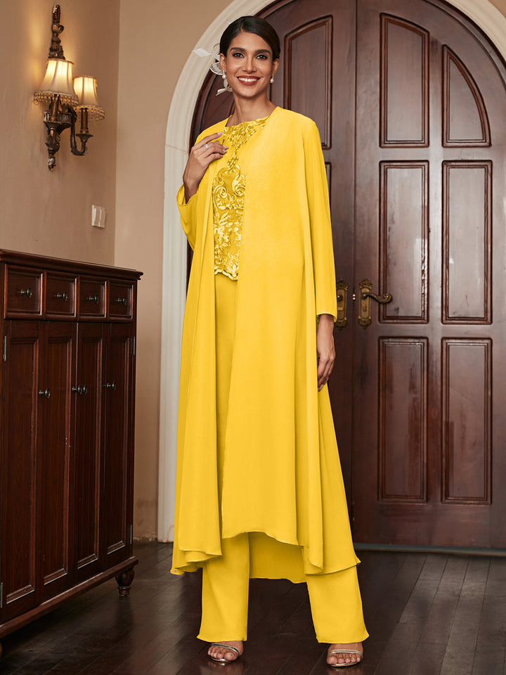 Chiffon Scoop Long Sleeves 3 Pieces Pantsuits with Appliques &amp; Jacket