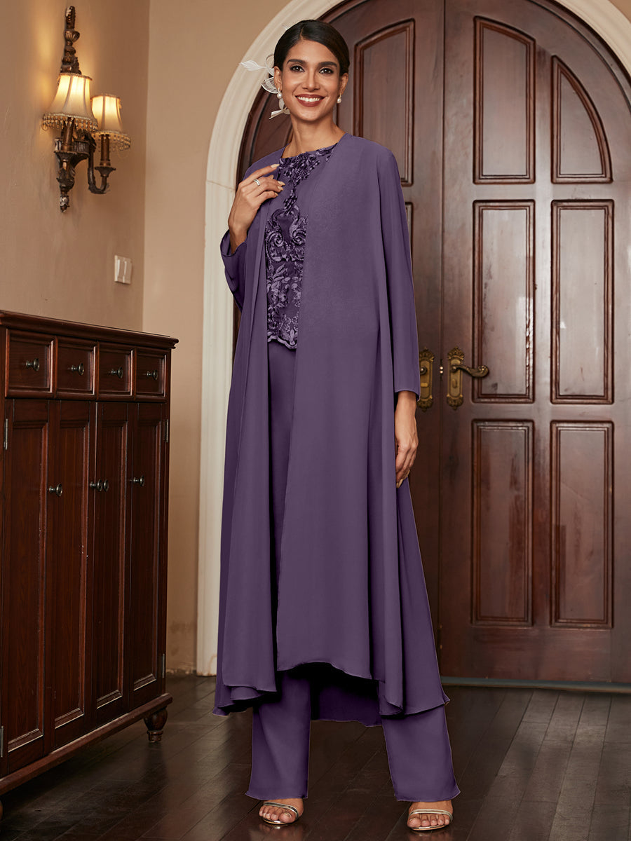 Chiffon Scoop Long Sleeves 3 Pieces Pantsuits with Appliques &amp; Jacket