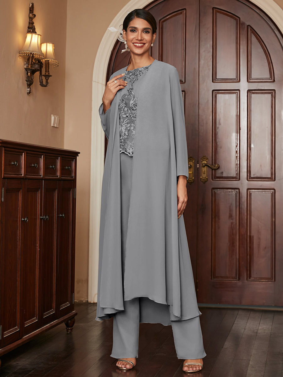 Chiffon Scoop Long Sleeves 3 Pieces Pantsuits with Appliques &amp; Jacket