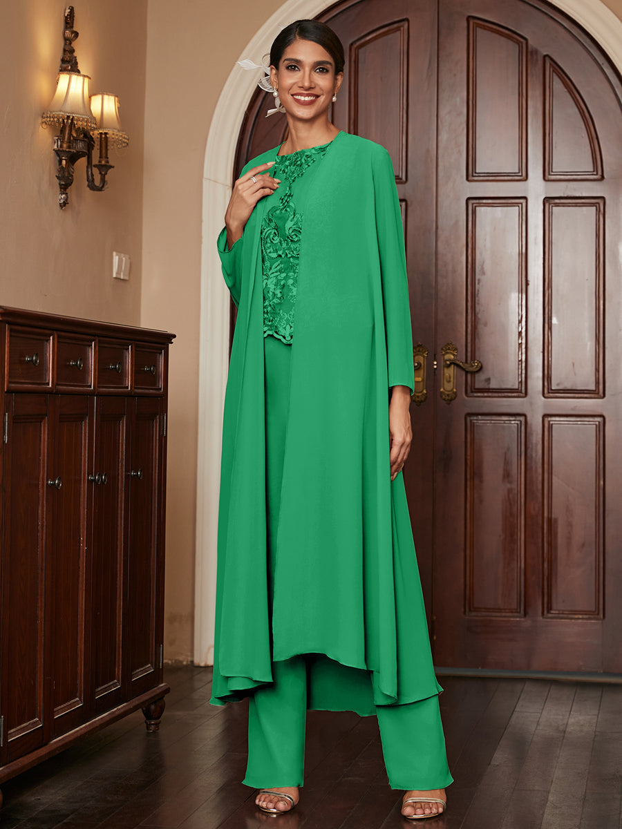 Chiffon Scoop Long Sleeves 3 Pieces Pantsuits with Appliques &amp; Jacket