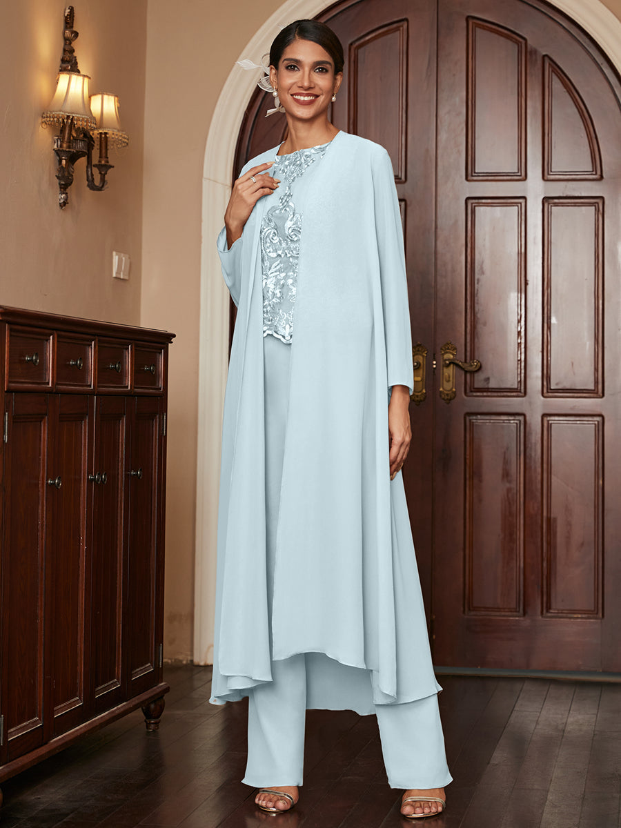Chiffon Scoop Long Sleeves 3 Pieces Pantsuits with Appliques &amp; Jacket