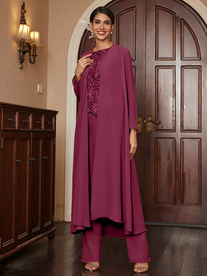Chiffon Scoop Long Sleeves 3 Pieces Pantsuits with Appliques &amp; Jacket