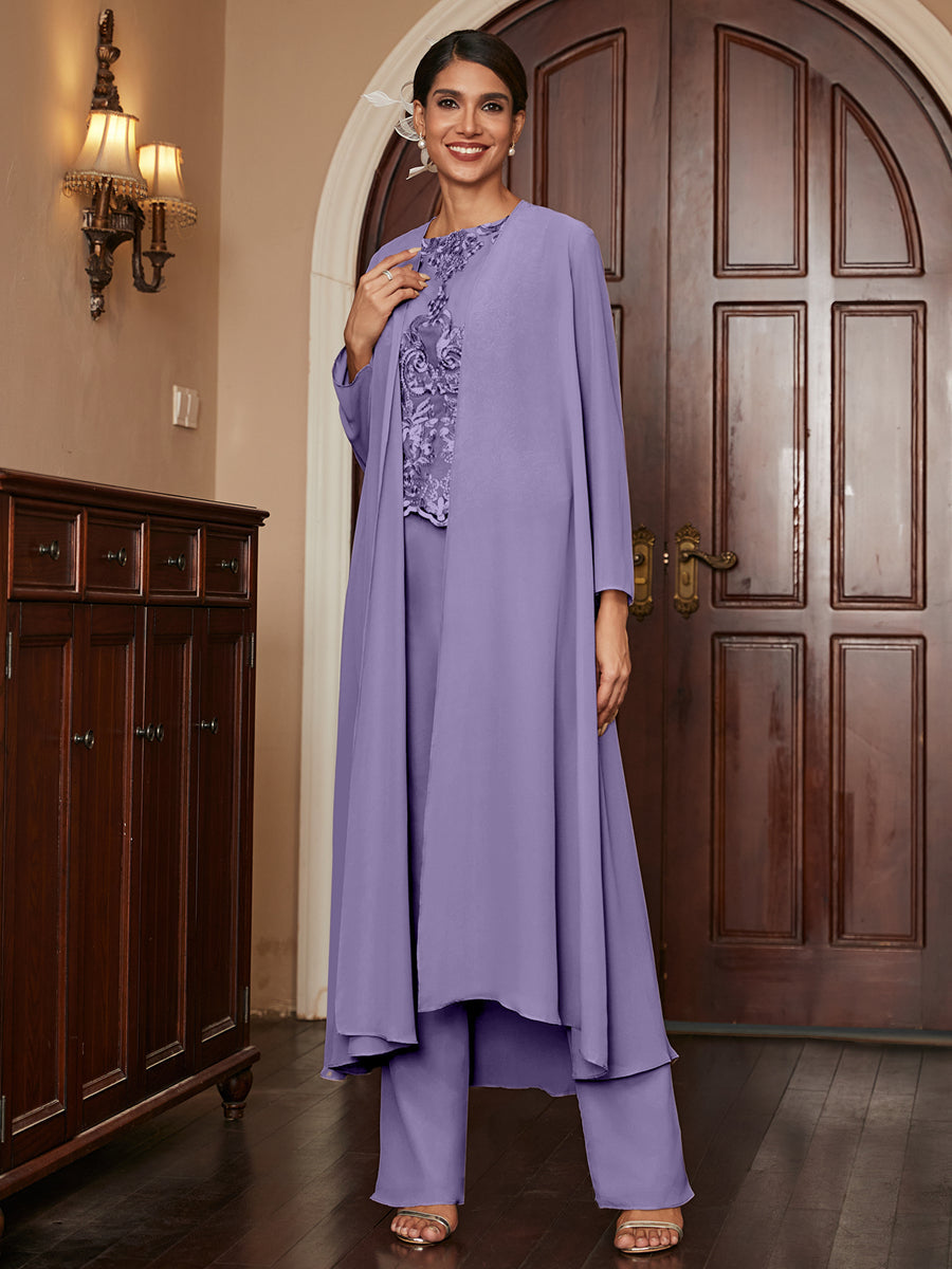 Chiffon Scoop Long Sleeves 3 Pieces Pantsuits with Appliques &amp; Jacket
