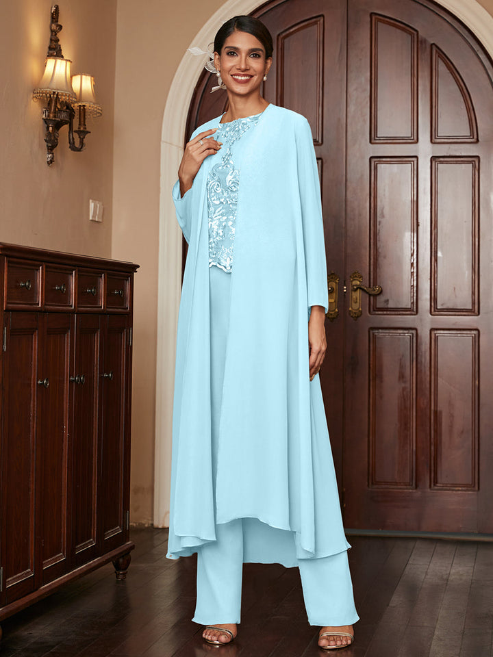 Chiffon Scoop Long Sleeves 3 Pieces Pantsuits with Appliques &amp; Jacket