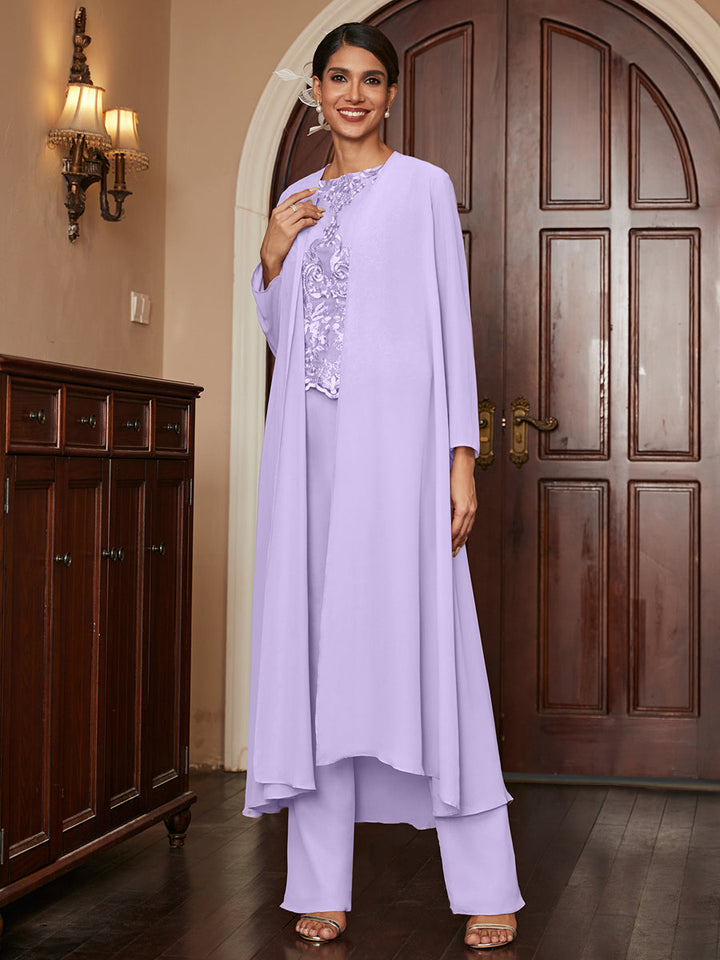 Chiffon Scoop Long Sleeves 3 Pieces Pantsuits with Appliques &amp; Jacket