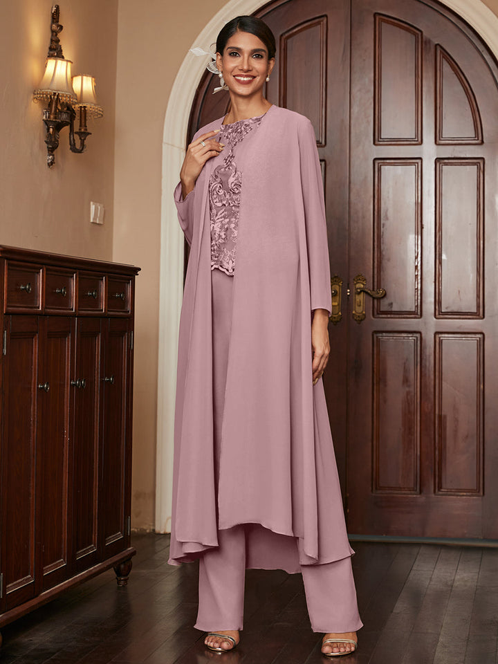 Chiffon Scoop Long Sleeves 3 Pieces Pantsuits with Appliques &amp; Jacket