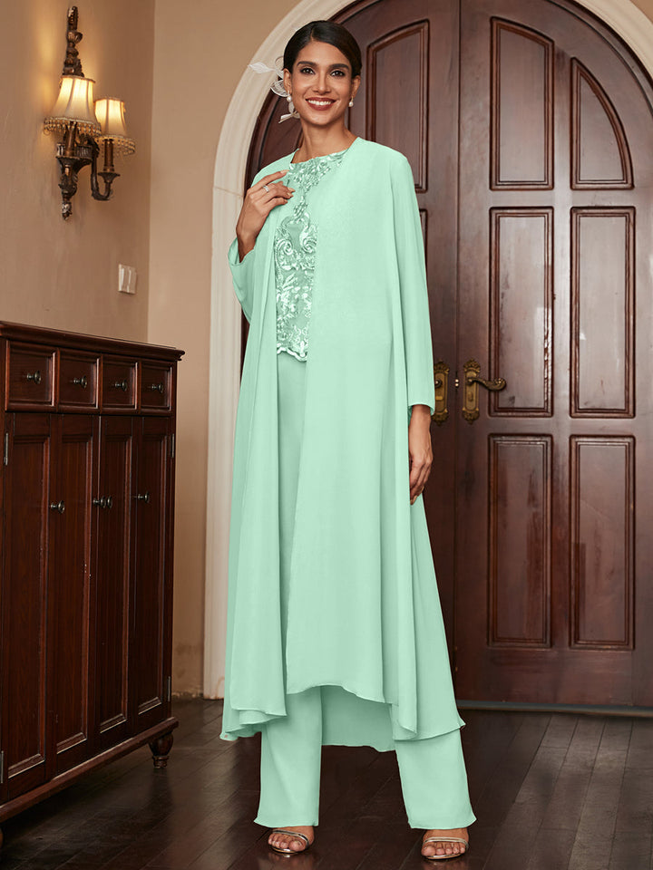 Chiffon Scoop Long Sleeves 3 Pieces Pantsuits with Appliques &amp; Jacket