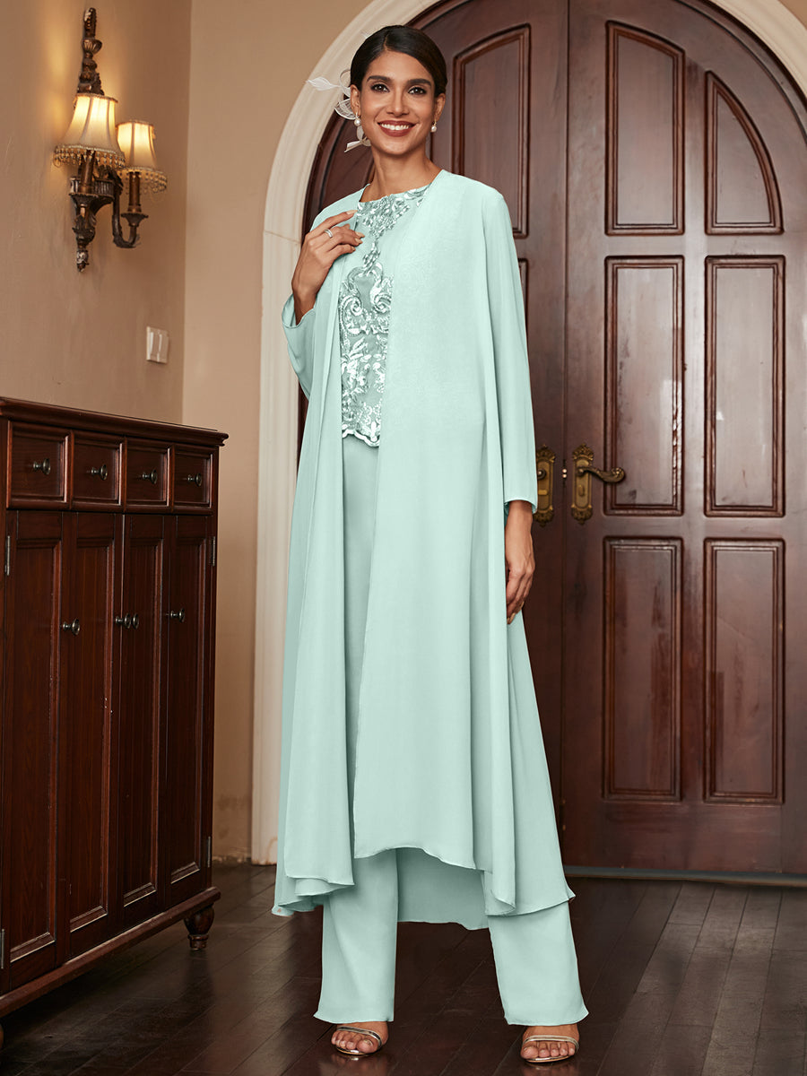 Chiffon Scoop Long Sleeves 3 Pieces Pantsuits with Appliques &amp; Jacket