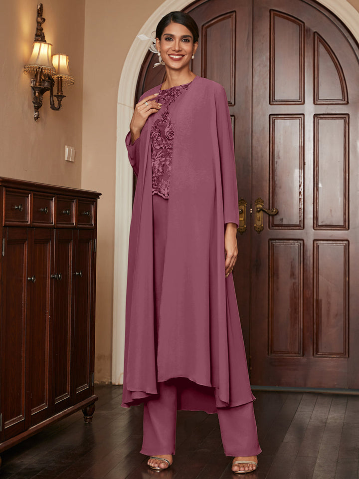 Chiffon Scoop Long Sleeves 3 Pieces Pantsuits with Appliques &amp; Jacket