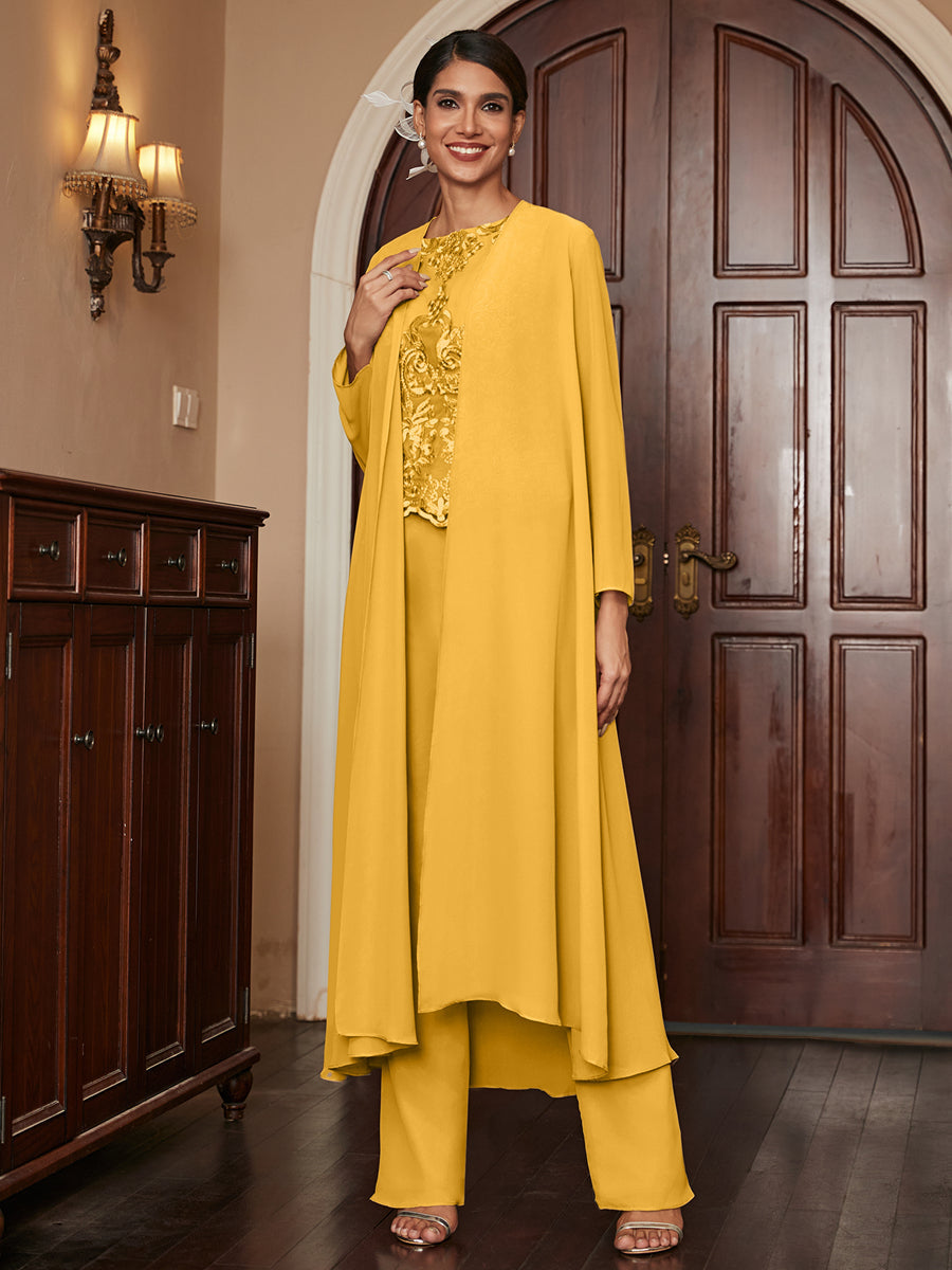 Chiffon Scoop Long Sleeves 3 Pieces Pantsuits with Appliques &amp; Jacket