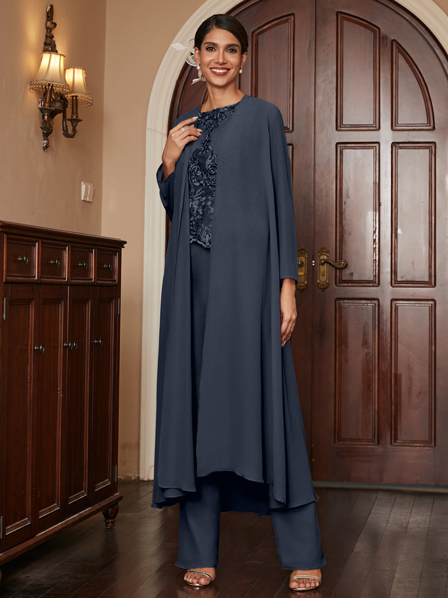 Chiffon Scoop Long Sleeves 3 Pieces Pantsuits with Appliques &amp; Jacket