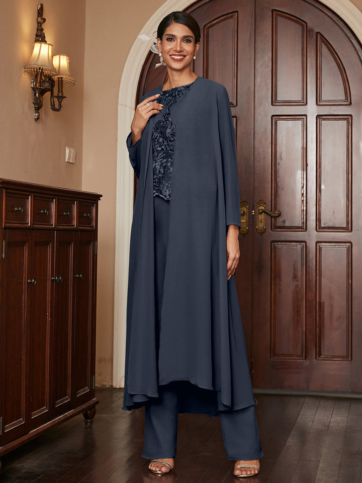 Chiffon Scoop Long Sleeves 3 Pieces Pantsuits with Appliques &amp; Jacket