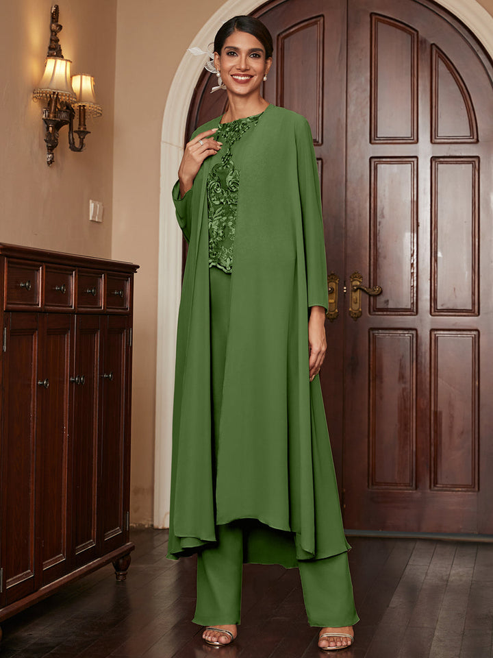 Chiffon Scoop Long Sleeves 3 Pieces Pantsuits with Appliques &amp; Jacket