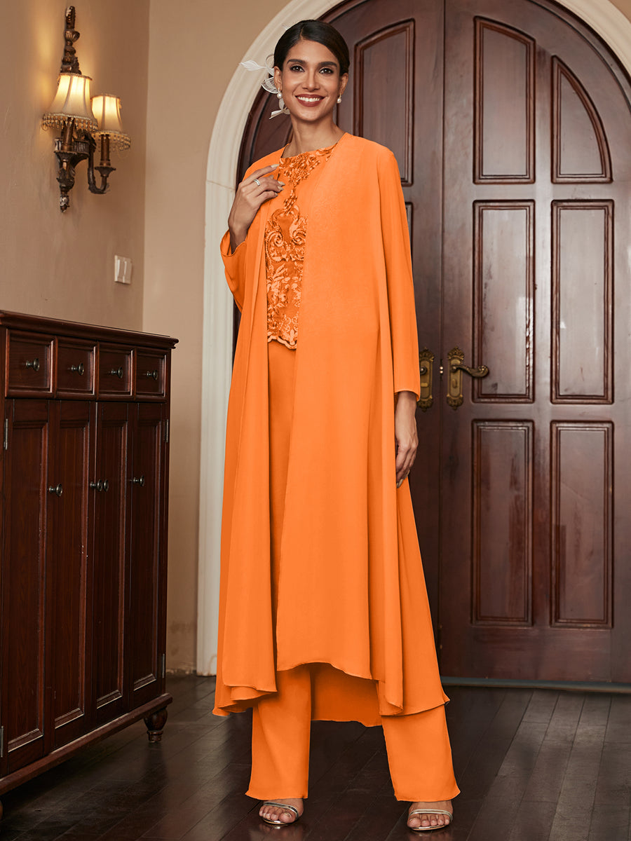 Chiffon Scoop Long Sleeves 3 Pieces Pantsuits with Appliques &amp; Jacket
