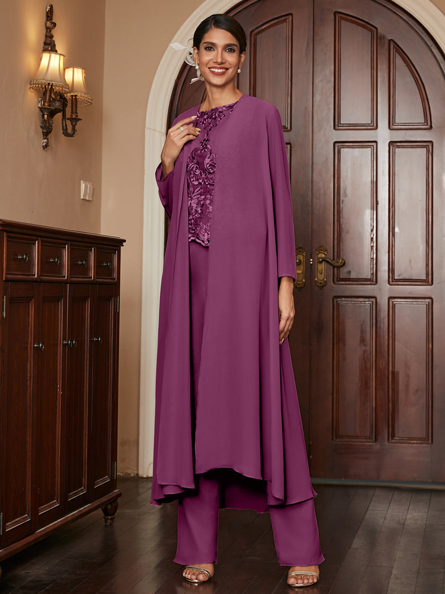 Chiffon Scoop Long Sleeves 3 Pieces Pantsuits with Appliques &amp; Jacket