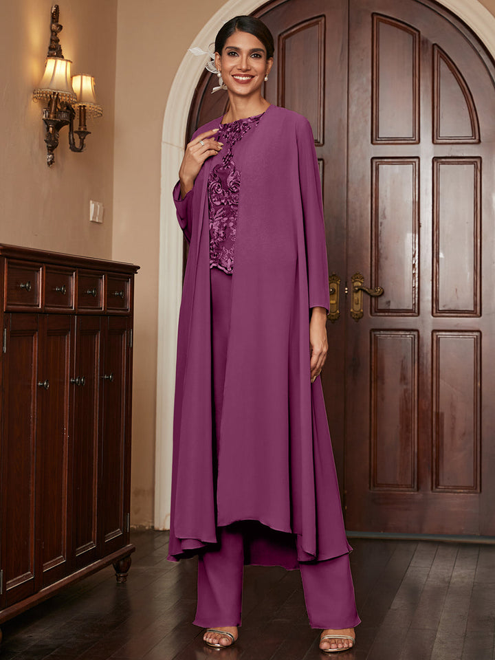 Chiffon Scoop Long Sleeves 3 Pieces Pantsuits with Appliques &amp; Jacket