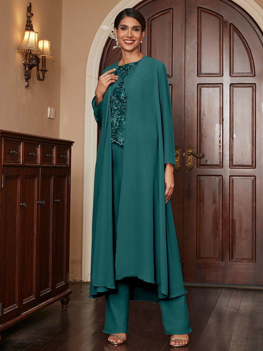 Chiffon Scoop Long Sleeves 3 Pieces Pantsuits with Appliques &amp; Jacket