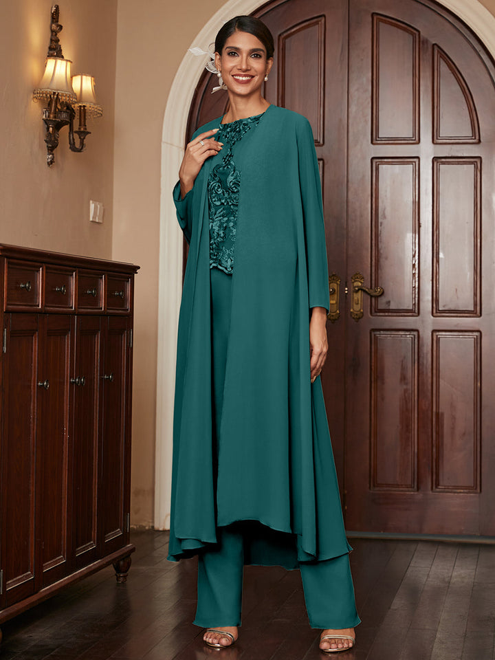 Chiffon Scoop Long Sleeves 3 Pieces Pantsuits with Appliques &amp; Jacket