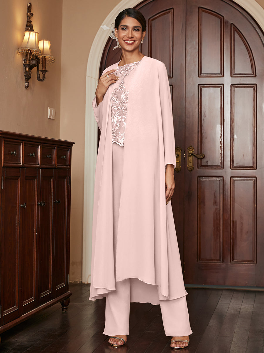 Chiffon Scoop Long Sleeves 3 Pieces Pantsuits with Appliques &amp; Jacket