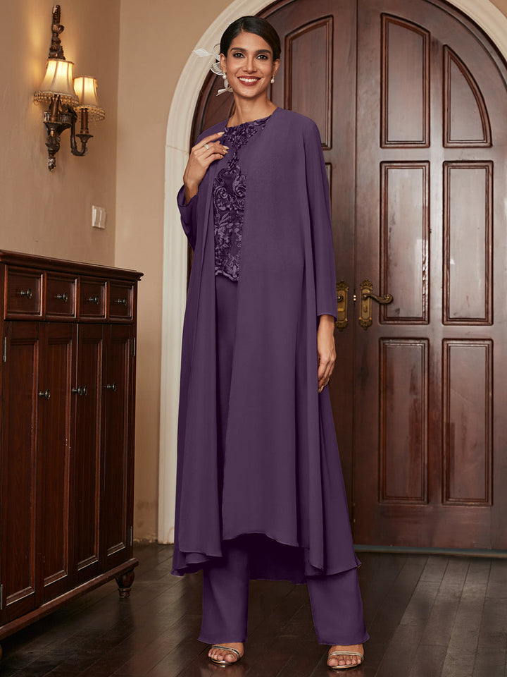Chiffon Scoop Long Sleeves 3 Pieces Pantsuits with Appliques &amp; Jacket