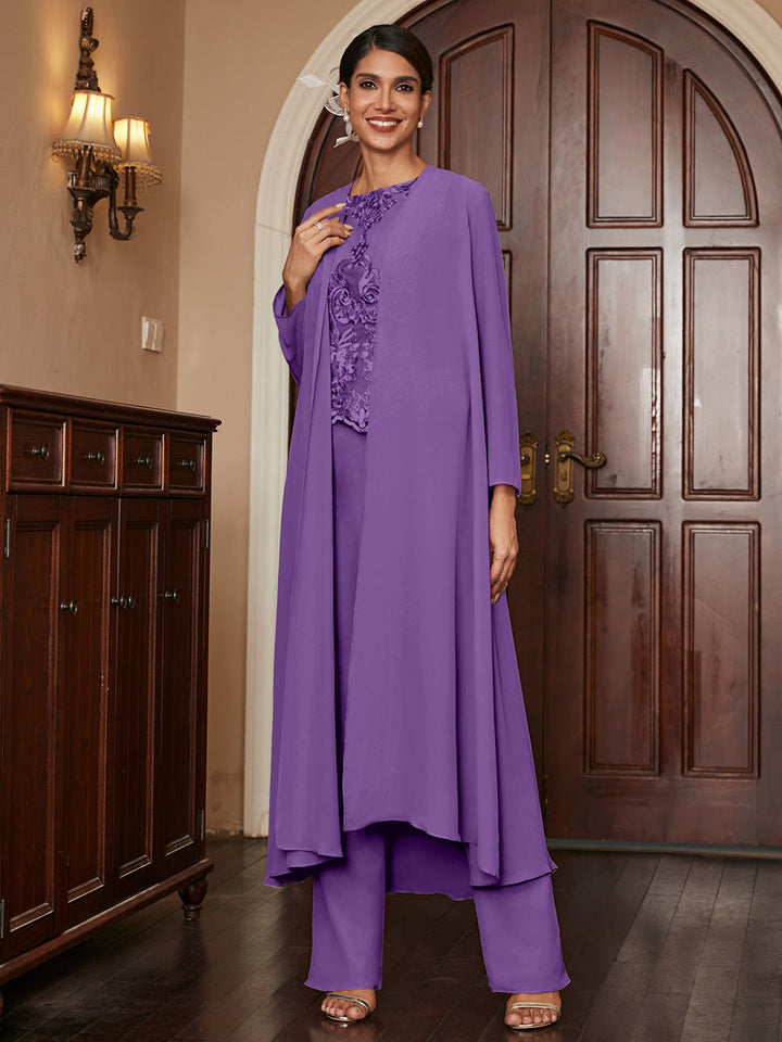 Chiffon Scoop Long Sleeves 3 Pieces Pantsuits with Appliques &amp; Jacket