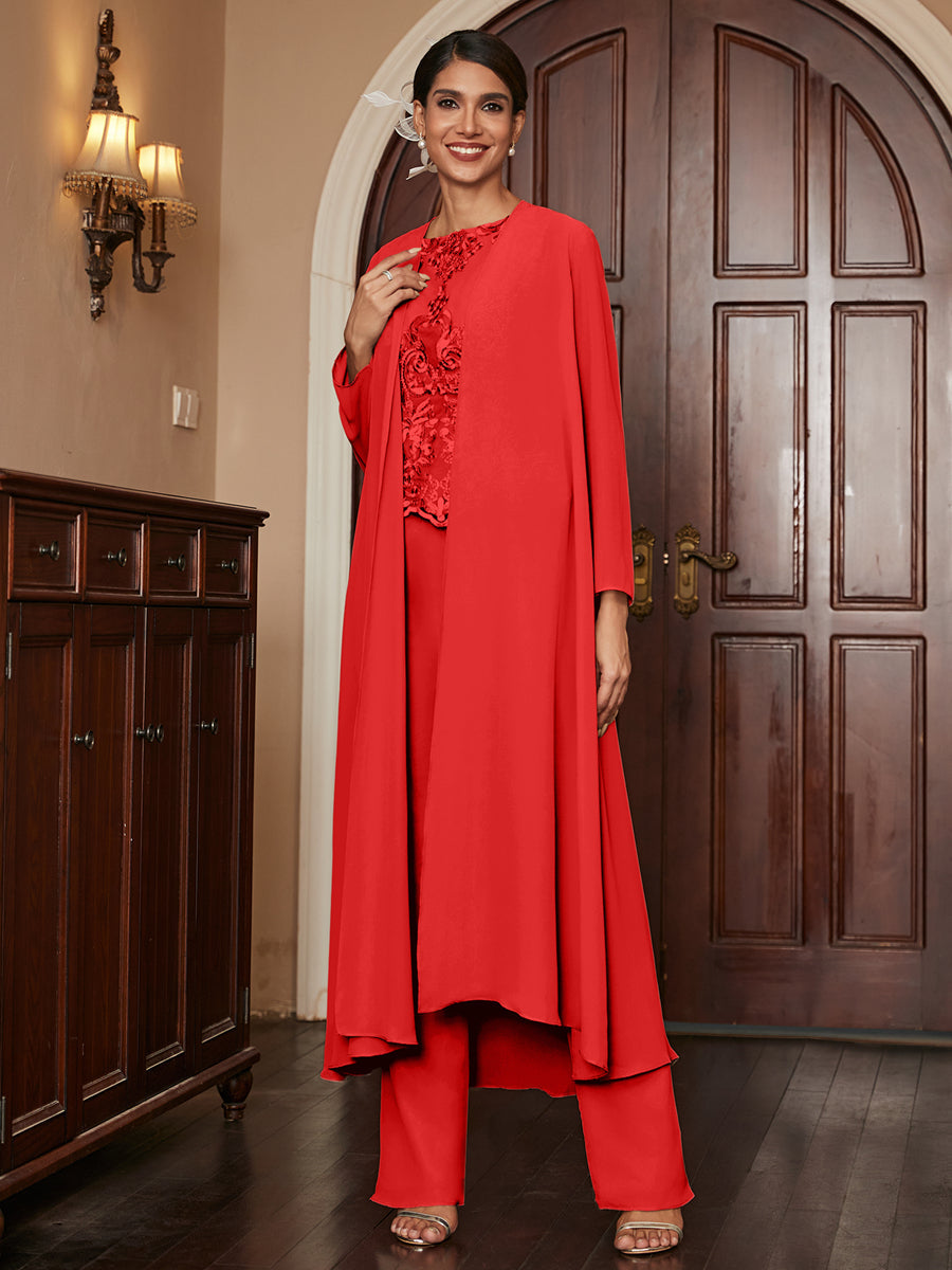 Chiffon Scoop Long Sleeves 3 Pieces Pantsuits with Appliques &amp; Jacket