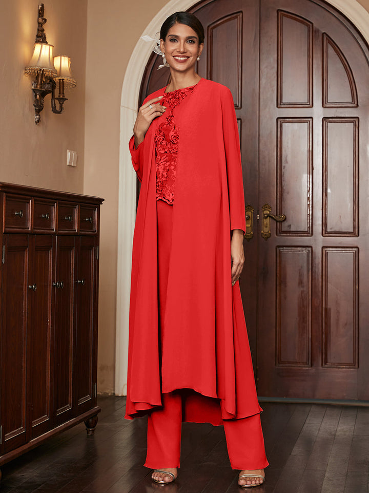 Chiffon Scoop Long Sleeves 3 Pieces Pantsuits with Appliques &amp; Jacket