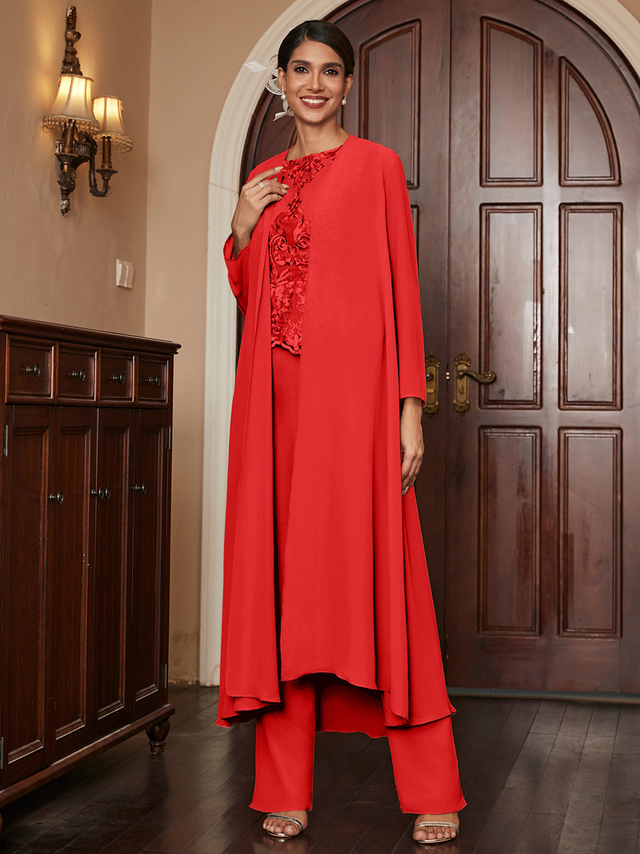 Chiffon Scoop Long Sleeves 3 Pieces Pantsuits with Appliques & Jacket