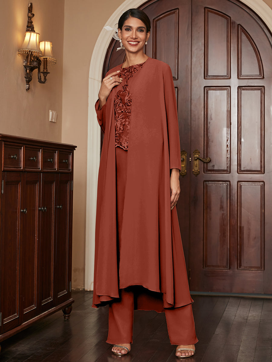 Chiffon Scoop Long Sleeves 3 Pieces Pantsuits with Appliques &amp; Jacket
