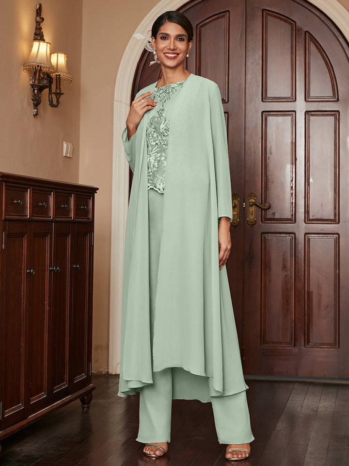 Chiffon Scoop Long Sleeves 3 Pieces Pantsuits with Appliques &amp; Jacket