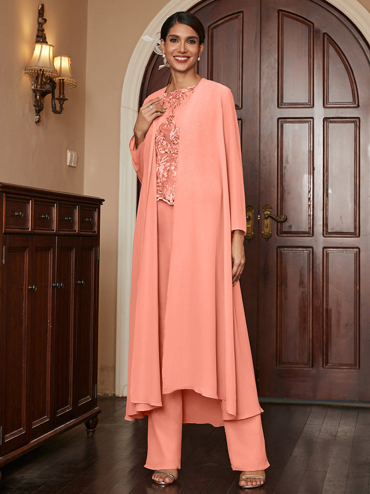 Chiffon Scoop Long Sleeves 3 Pieces Pantsuits with Appliques &amp; Jacket
