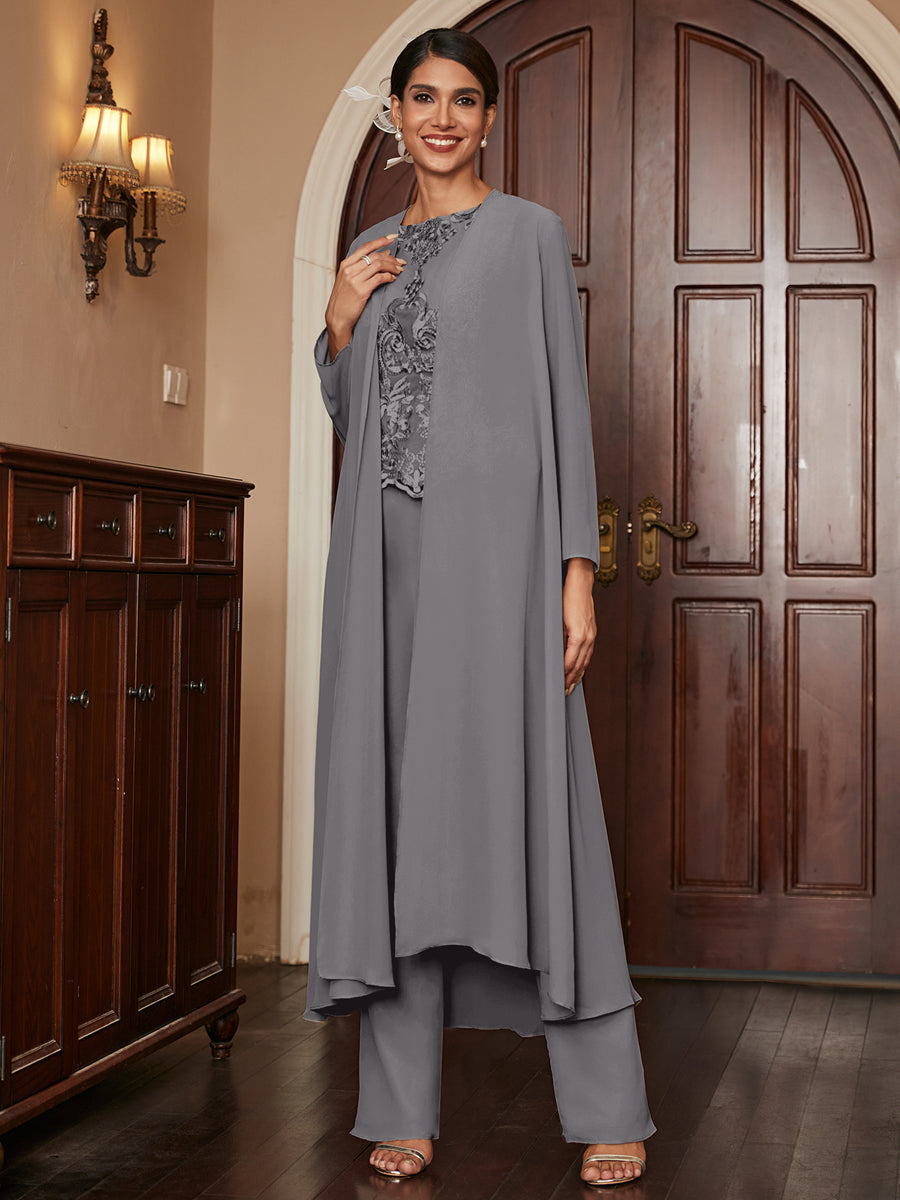 Chiffon Scoop Long Sleeves 3 Pieces Pantsuits with Appliques &amp; Jacket