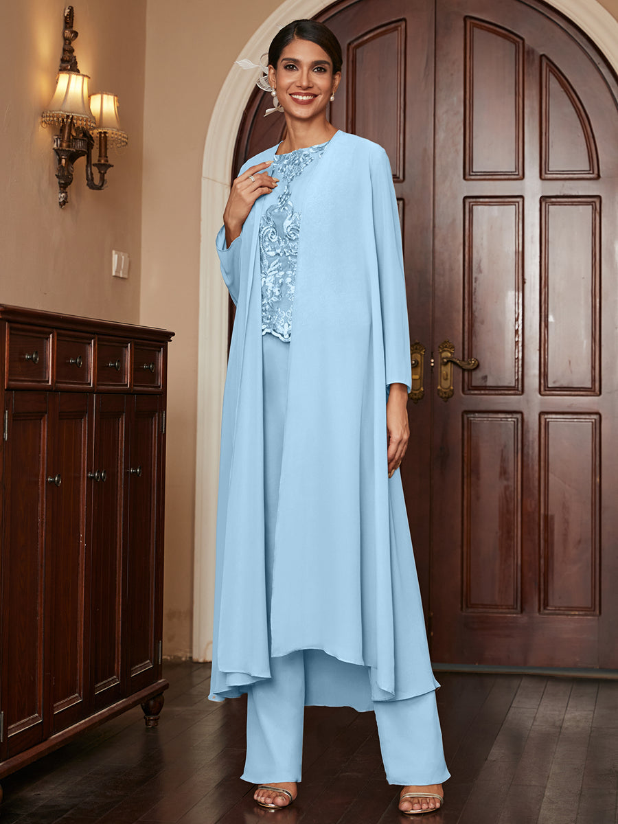 Chiffon Scoop Long Sleeves 3 Pieces Pantsuits with Appliques &amp; Jacket
