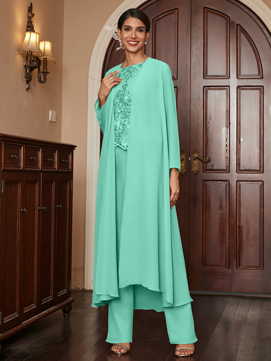 Chiffon Scoop Long Sleeves 3 Pieces Pantsuits with Appliques &amp; Jacket