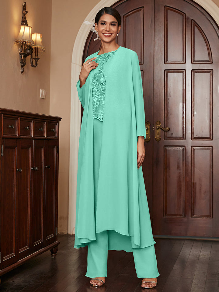 Chiffon Scoop Long Sleeves 3 Pieces Pantsuits with Appliques &amp; Jacket