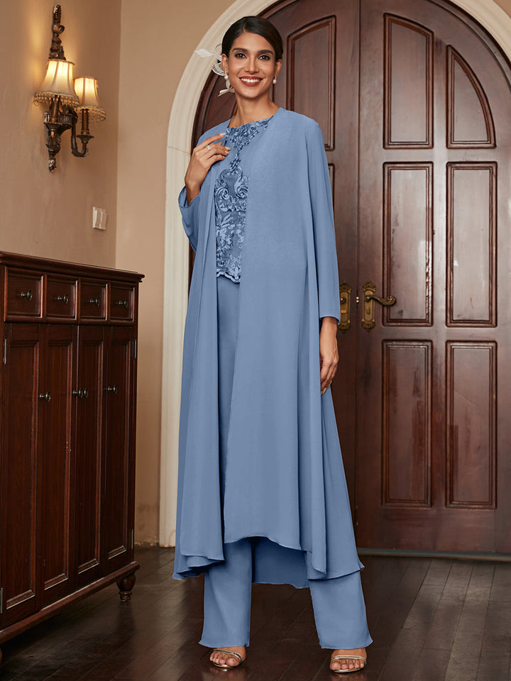 Chiffon Scoop Long Sleeves 3 Pieces Pantsuits with Appliques &amp; Jacket