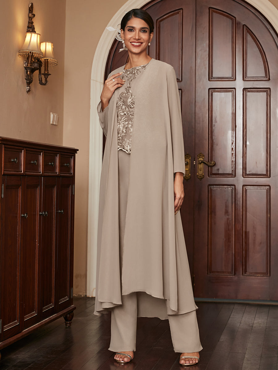Chiffon Scoop Long Sleeves 3 Pieces Pantsuits with Appliques &amp; Jacket