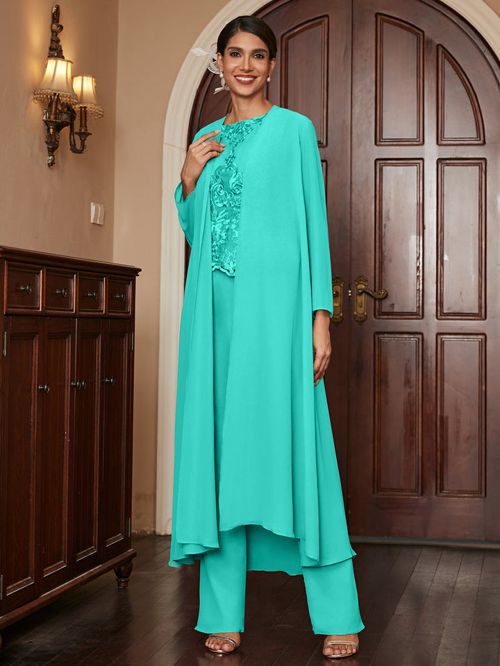 Chiffon Scoop Long Sleeves 3 Pieces Pantsuits with Appliques &amp; Jacket