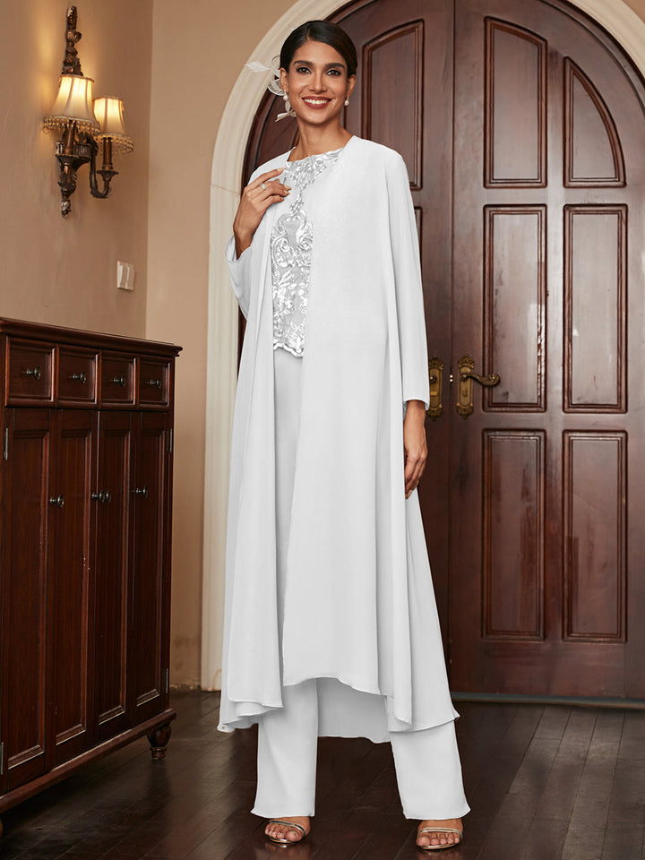 Chiffon Scoop Long Sleeves 3 Pieces Pantsuits with Appliques &amp; Jacket