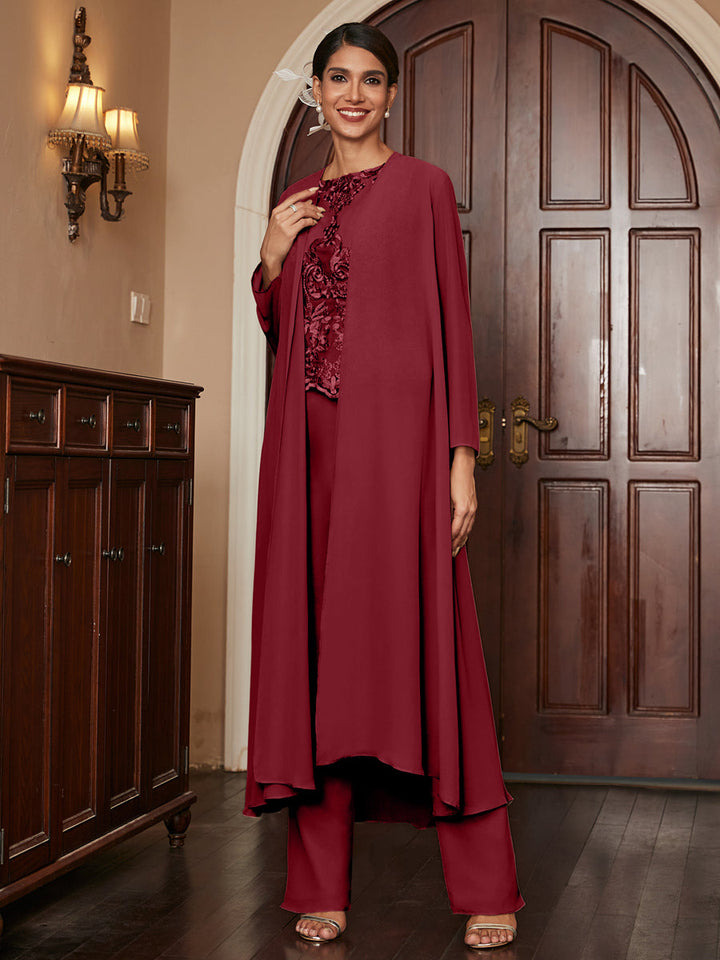 Chiffon Scoop Long Sleeves 3 Pieces Pantsuits with Appliques &amp; Jacket