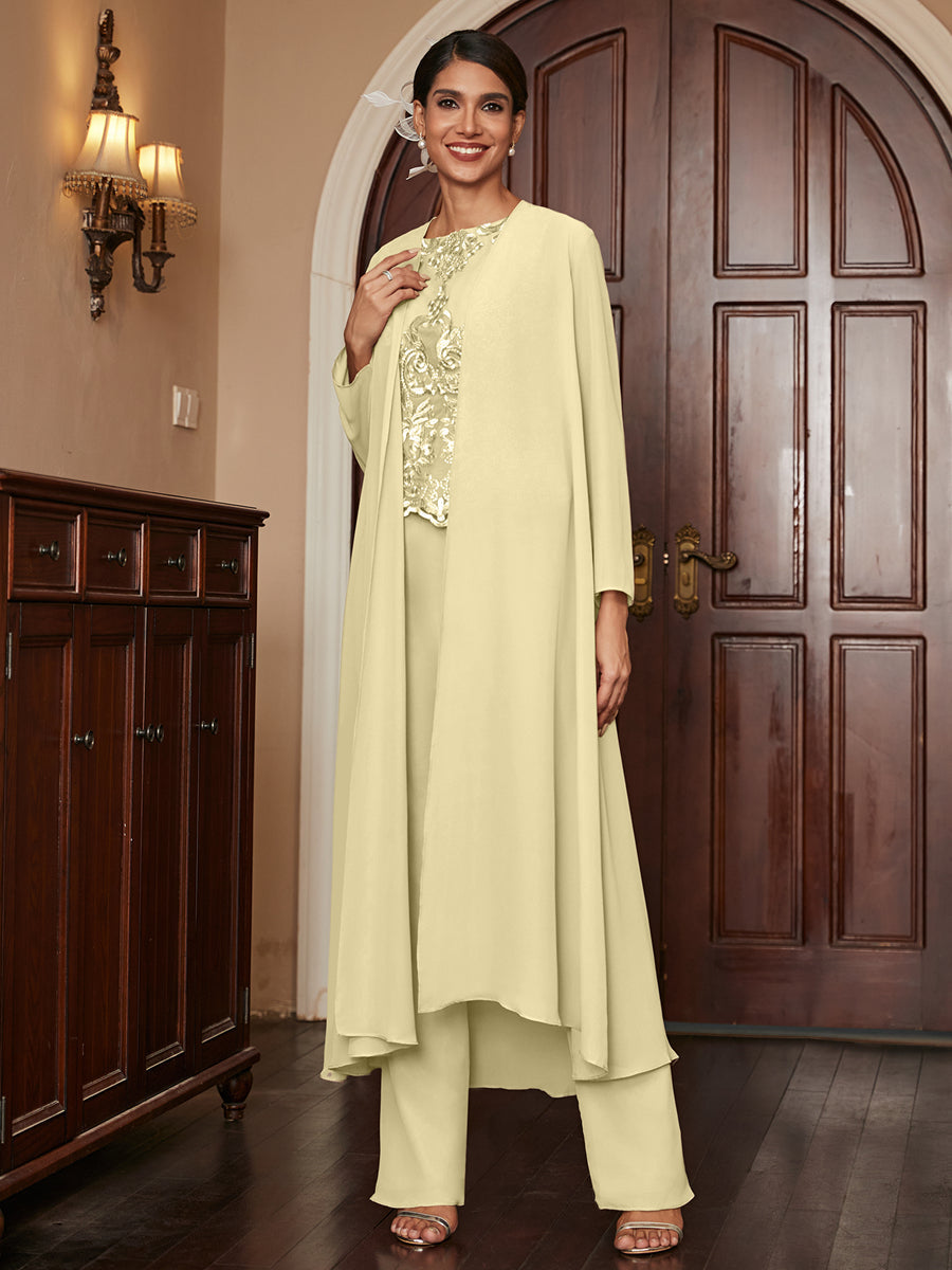 Chiffon Scoop Long Sleeves 3 Pieces Pantsuits with Appliques &amp; Jacket