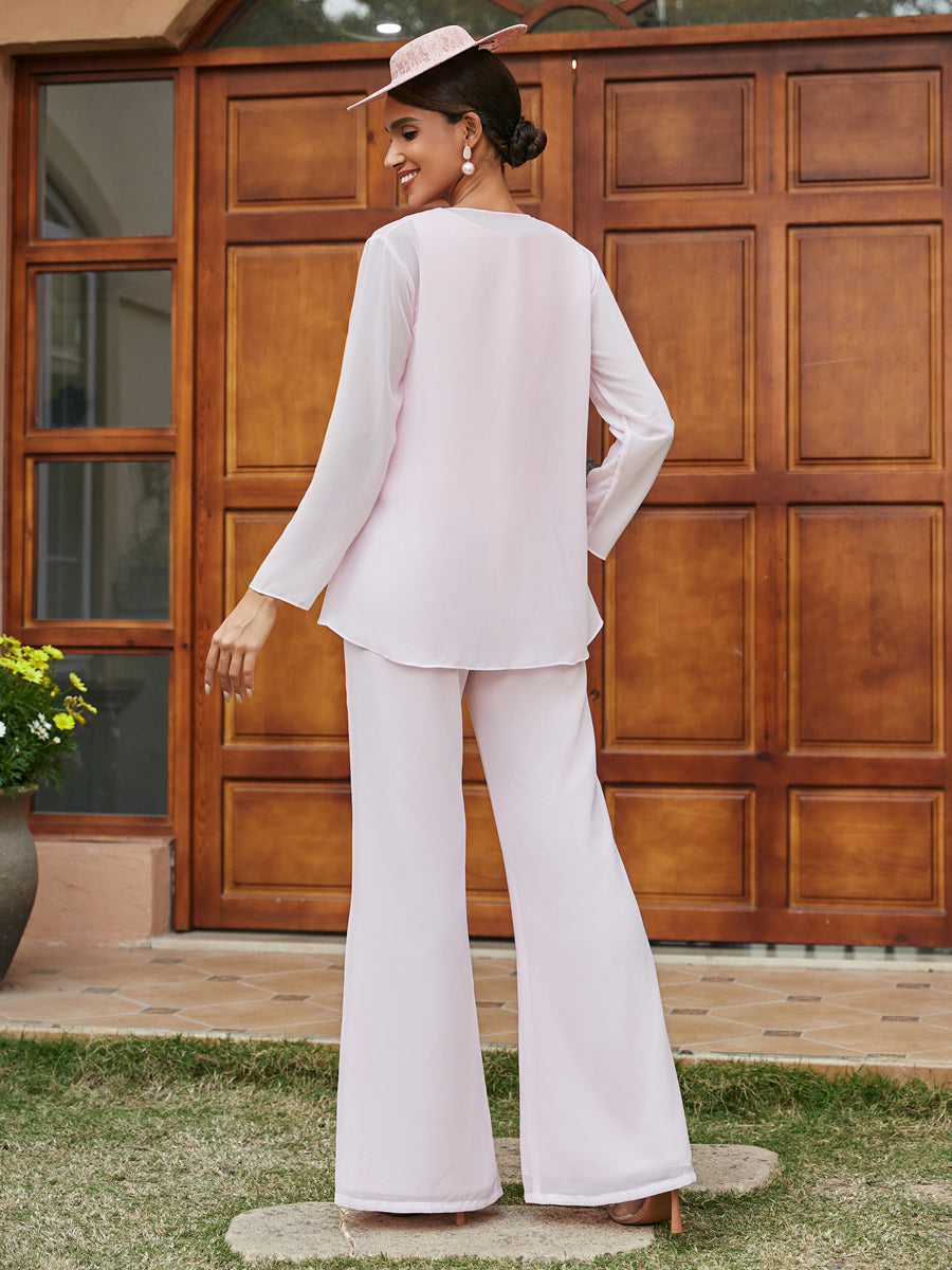 Chiffon Scoop Long Sleeves 3 Pieces Pantsuits with Ruffles &amp; Jacket