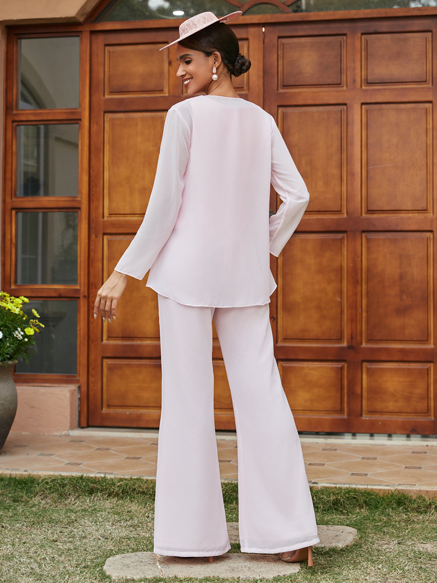 Chiffon Scoop Long Sleeves 3 Pieces Pantsuits with Ruffles & Jacket