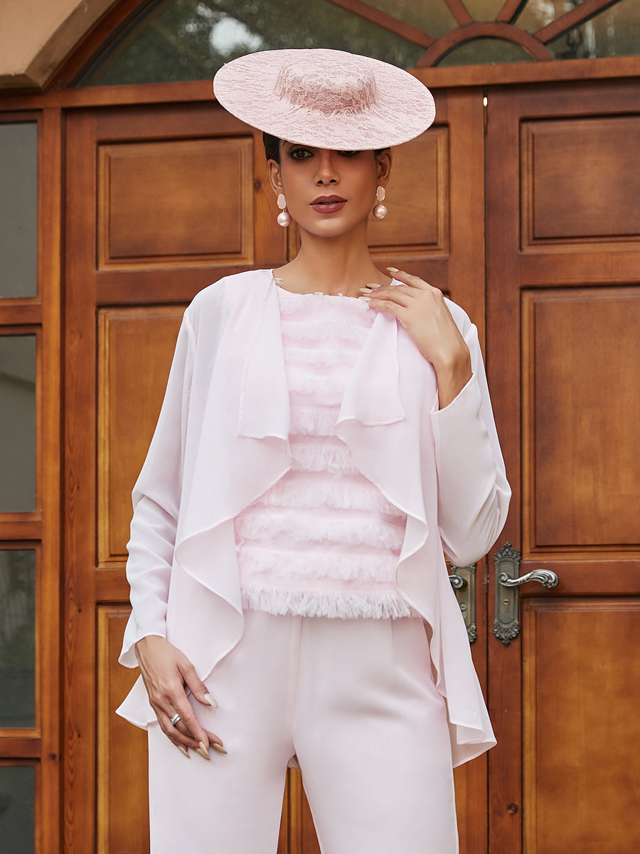 Chiffon Scoop Long Sleeves 3 Pieces Pantsuits with Ruffles &amp; Jacket
